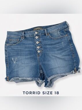 Torrid Size 18 Button Fly Denim Shorts Distressed Raw Hem Stretch High Rise